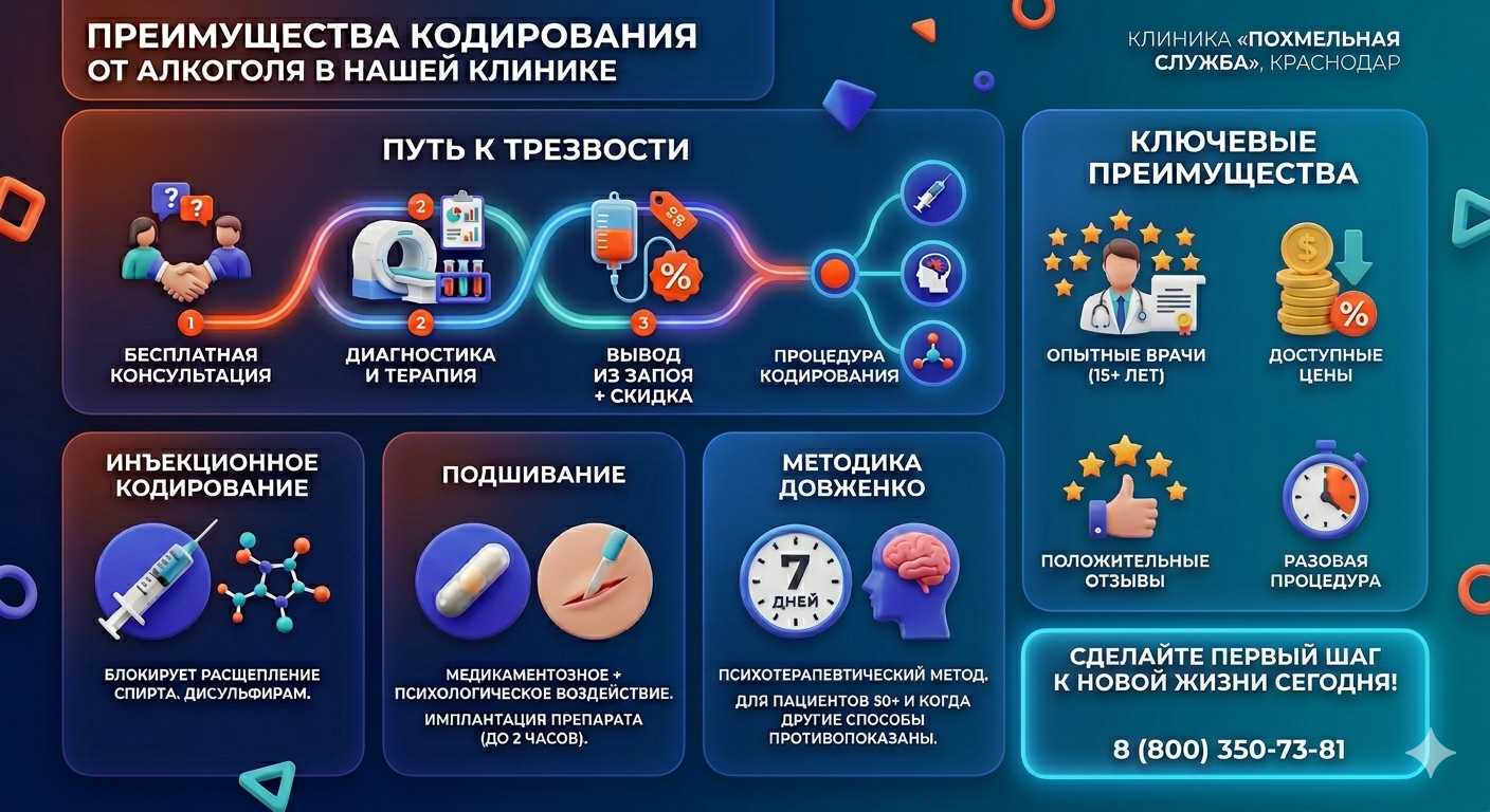 Инфографика о методах кодирования от алкоголя в Лысьве: инъекции, подшивание, метод Довженко. Преимущества клиники и этапы лечения.